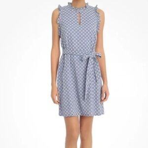 London Times Dress Blue Daisy Eyelet Belted Summer Women Sz 14 100% Cotton